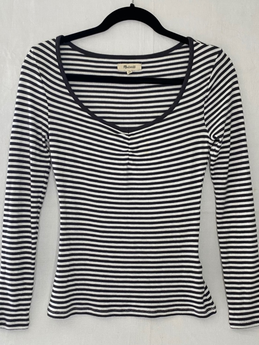 Madewell Black Grey White Striped V Neck Stretch Long Sleeve Top Size Smal